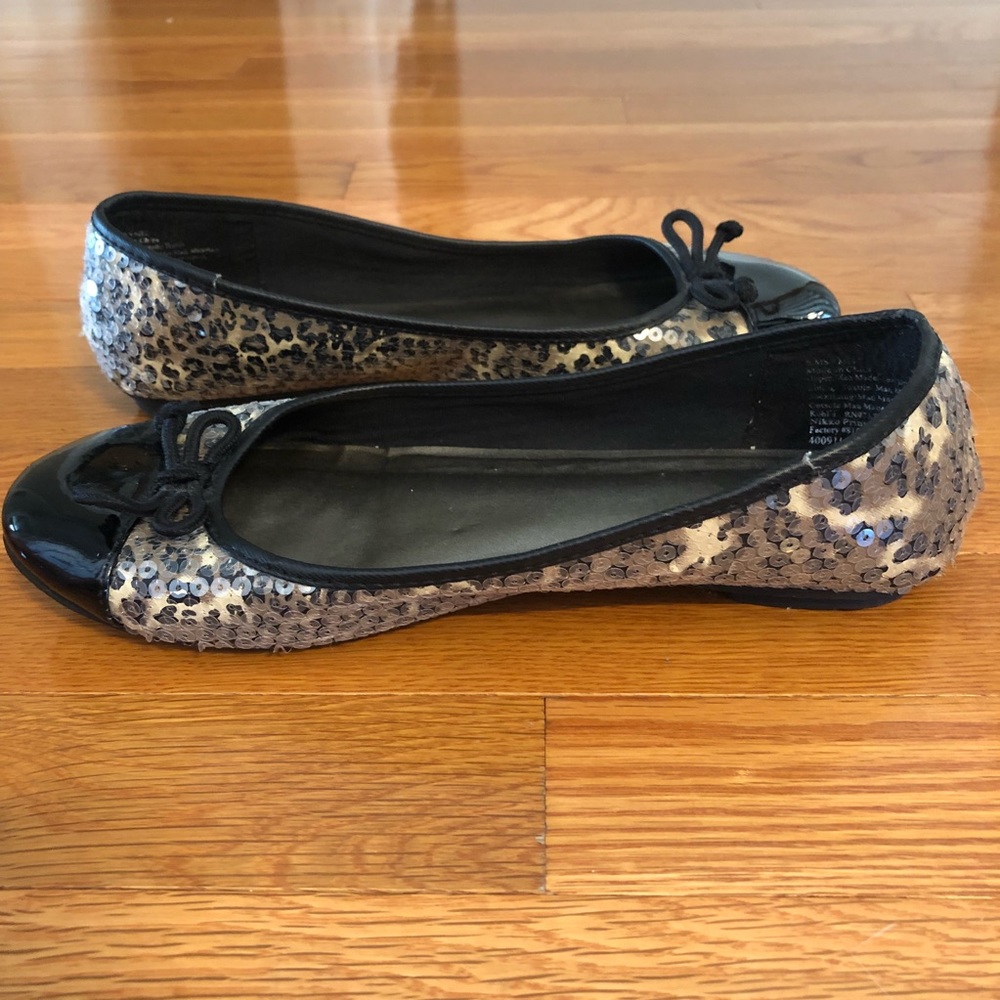 Leopard sequined flats with black patent toe